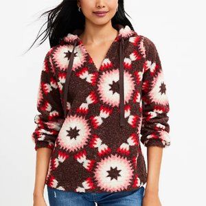 LOFT Sunburst Sherpa Hoodie Pullover Jacket Brown Pink Cozy Casual  Womens Large